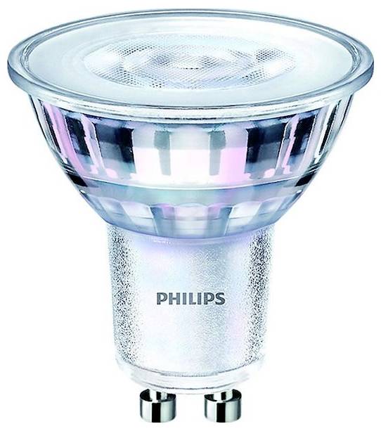 Eine LED-Spotlampe mit GU10-Fassung von Philips. Sie ist transparent mit einem silbernen Sockel, geeignet für energiesparende Beleuchtung.