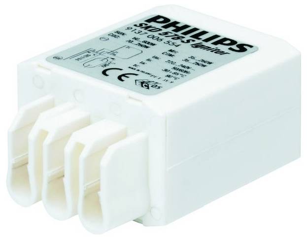 Zündgerät mit Aufschrift 'PHILIPS S10  starters ignitor', geeignet für Leuchtstofflampen. Weiße, rechteckige Form mit drei Anschlüssen.