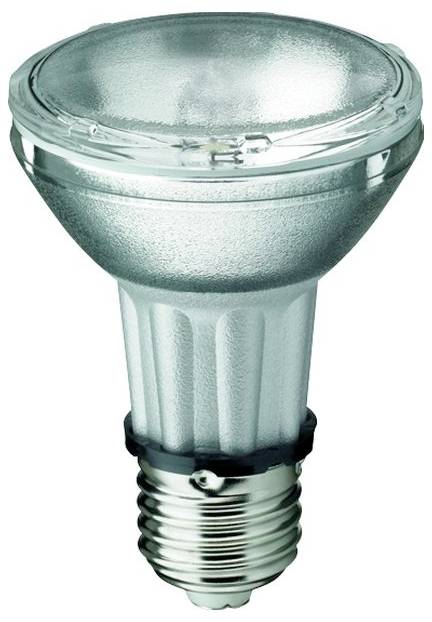 LED-Reflektorlampe in klassischer Glühbirnenform, zeigt metallischen Korpus mit geriffelter Struktur und transparenter Glasabdeckung.