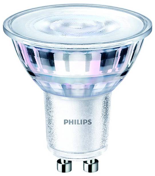 Eine einzelne LED-Lampe im MR16-Format, silbern mit Glasabdeckung, von der Marke Philips. Geeignet für moderne Beleuchtungszwecke.