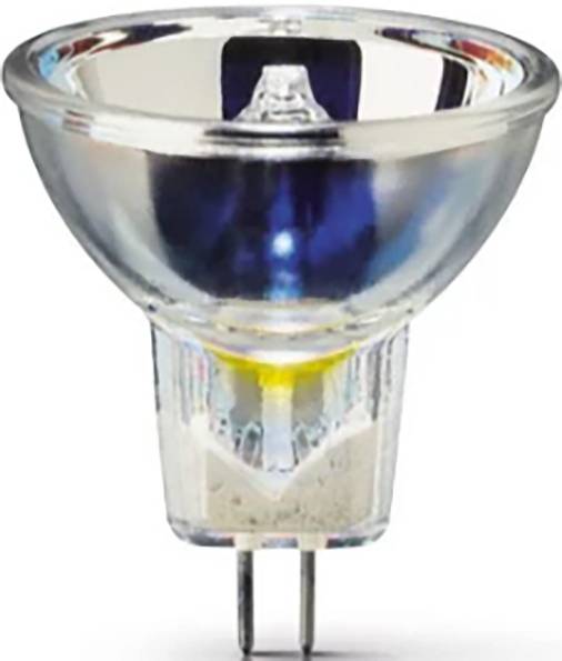 Eine transparente Halogenlampe mit zwei Metallstiften am Sockel, geeignet für gerichtetes Licht in Haushalts- oder Gewerbeleuchten.