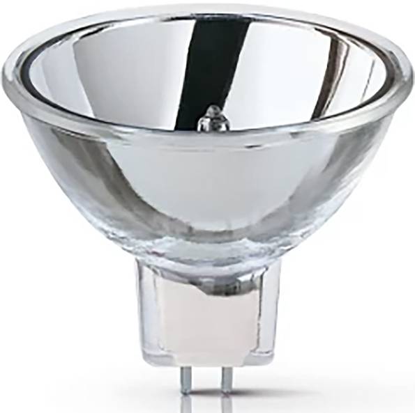 Ein silberner Halogen-Reflektorstrahler mit GU5.3-Sockel, rund und glänzend.