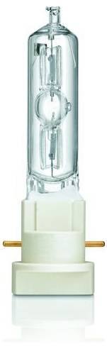 Eine klare Halogen-Glühbirne mit zwei Kontaktstiften und einem weißen Sockel, geeignet für spezialisierte Beleuchtungsanwendungen.