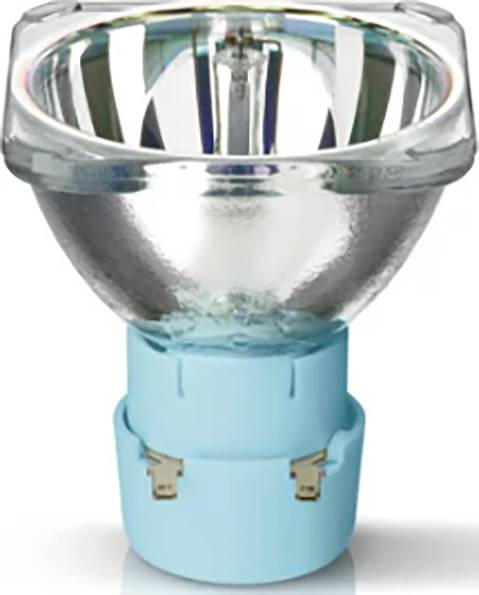 Eine Halogenlampe mit bläulicher Fassung, typischerweise für Beleuchtungszwecke in Projektoren oder spezialisierten Leuchten.