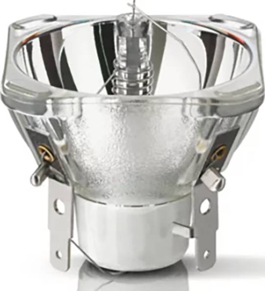 Eine Halogenlampe mit reflektierendem Metallgehäuse und freiliegendem Glühdraht in der Mitte, geeignet für Projektoren.