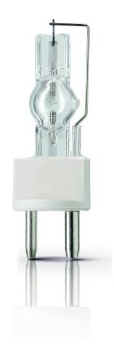Eine transparente Halogenlampe mit zwei Pins und rechteckiger Basis, aufrecht stehend.