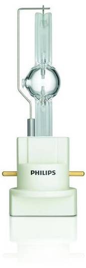 Eine kompakte Xenon-Lampe mit einem transparenten Glaskolben und einem weißen Sockel, markiert mit 'Philips'.