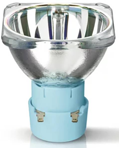 Halogenlampe mit reflektierendem Glas und blauem Sockel, geeignet für Beleuchtungseinsätze in Projektoren oder Scheinwerfern.