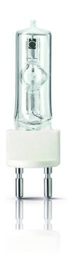 Eine Halogenlampe mit zylindrischer Form und zweipoligem Sockel, stehend auf einer spiegelnden Oberfläche.