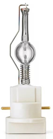 Eine einzelne Halogen-Metalldampflampe mit zylindrischem Sockel und transparenter Glaskolbe, aufrecht stehend.