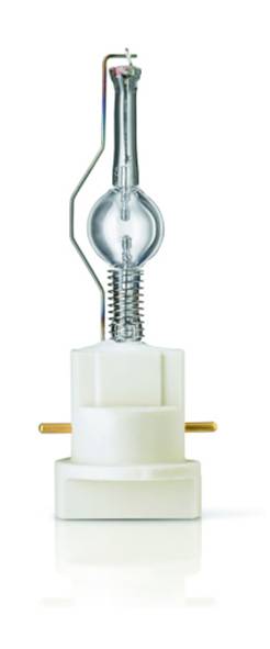 Eine einzelne Halogenlampe aufrecht stehend, weiße Basis mit einer klaren Glasabdeckung oben, in einem weißen Studiohintergrund.