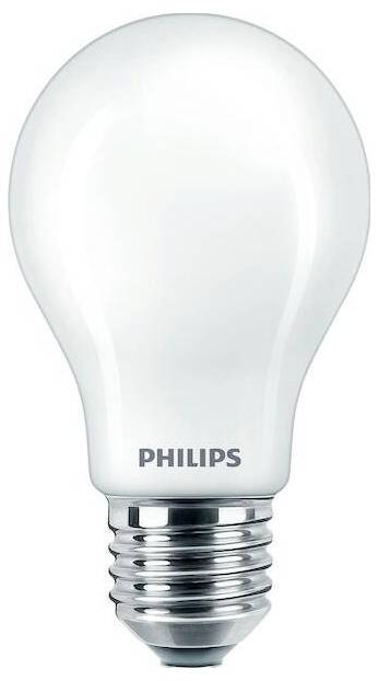Eine Glühbirne von Philips mit metallener Fassung und weißem Glas, geeignet für den Gebrauch in herkömmlichen Lampenfassungen.