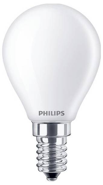 Weiße, stromsparende LED-Glühlampe mit E14-Sockel von Philips; geeignet für Innenräume, bietet warmweißes Licht für gemütliche Atmosphäre.