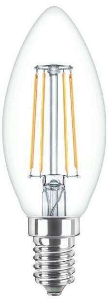 LED-Birne in Kerzenform mit E14-Sockel und sichtbaren Glühfäden, die eine klassische Glühlampe nachahmen.