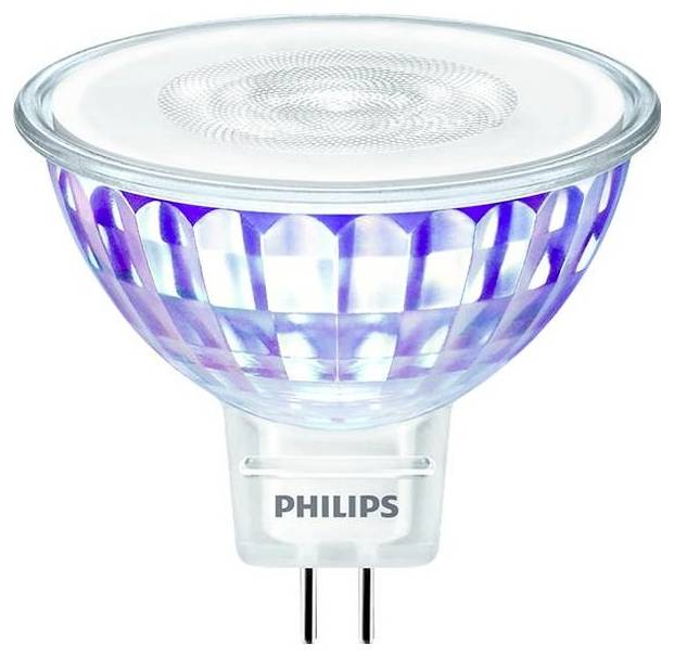 Eine LED-Lampe von Philips mit farbigem Reflektormuster, geeignet für energieeffiziente Beleuchtung.