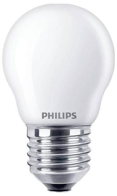 Eine weiße Glühbirne mit der Aufschrift 'Philips' auf einem Metallfuß.