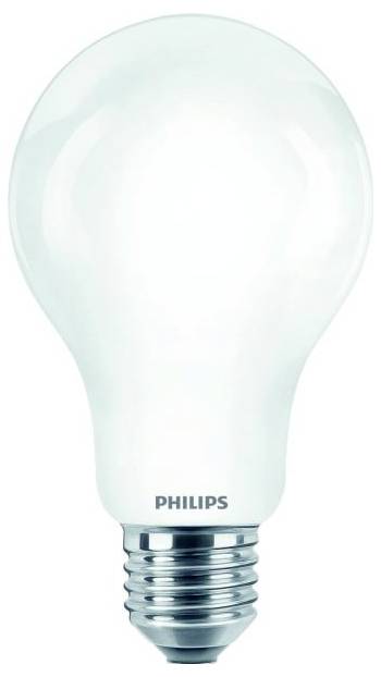 Eine Glühbirne der Marke Philips, klassische Form mit silbernem Sockel, vor weißem Hintergrund.