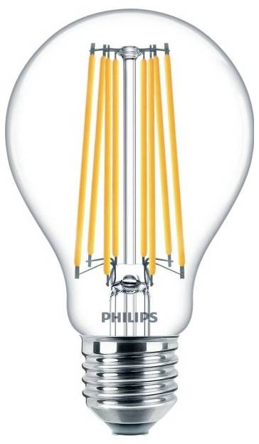 Eine klare Glühbirne mit sichtbaren Glühfäden, Markenname 'Philips' auf der Fassung.