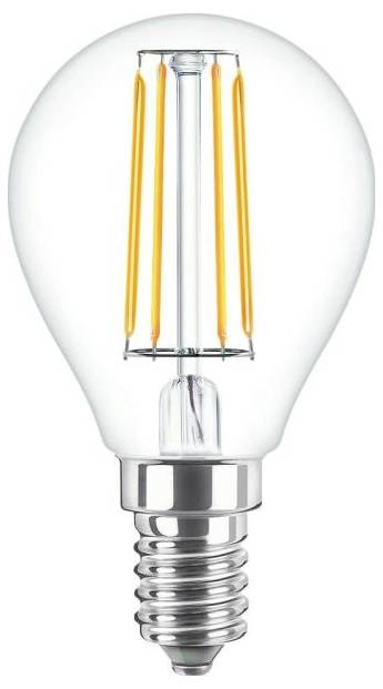 Glühbirne mit LED-Filamenten, klare Glasoberfläche und E14-Schraubgewinde, eingeschaltet, strahlt warmweißes Licht aus.