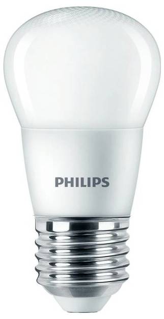 Glühbirne mit der Aufschrift 'Philips', klassisches Design, energieeffizient, im Vordergrund stehend.