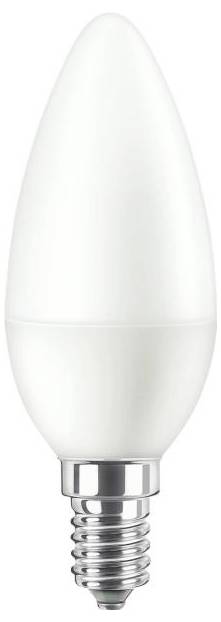 Eine weiße LED-Glühbirne mit E14-Sockel und kerzenförmigem Design. Ideal für dekorative Lampen oder Kronleuchter.