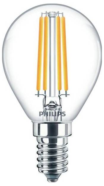Eine klare LED-Glühbirne mit sichtbaren Glühfäden und einer kleinen Schraubfassung. Hauptmerkmal: Effizientes Lichtdesign.