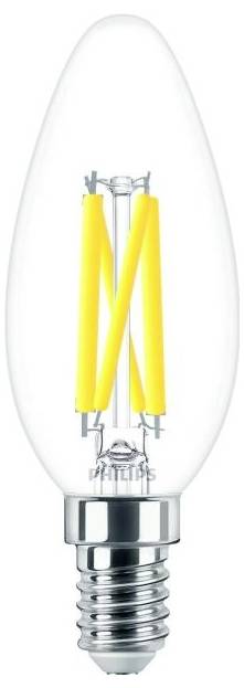 Eine LED-Glühbirne in Tropfenform mit sichtbaren gelben Filamenten und einem silbernen Sockel.