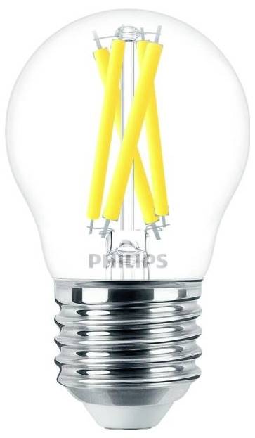 Eine durchsichtige Glühbirne mit sichtbaren gelben Filamenten im Inneren. Sie hat eine silberne Fassung und ist von der Marke Philips.