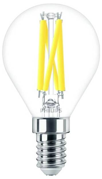 Eine LED-Glühbirne mit E14-Sockel von Philips, die Filamente sind sichtbar.