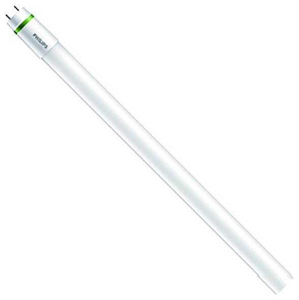 Eine weiße LED-Röhrenlampe mit grünem Streifen an der Basis, stehend aufrecht gegen einen weißen Hintergrund.