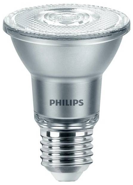 Eine silberne LED-Glühbirne von Philips mit E27-Sockel.