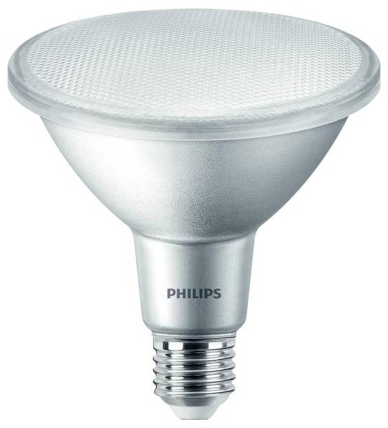 Eine silberne LED-Glühbirne von Philips mit Schraubsockel, konische Form und strukturiertem Glas, geeignet für Wohn- und Geschäftsräume.