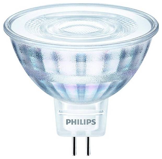 Eine LED-Glühbirne von Philips mit GU5.3-Sockel, geeignet für energiesparende Beleuchtung. Sie hat eine runde, reflektierende Linse.