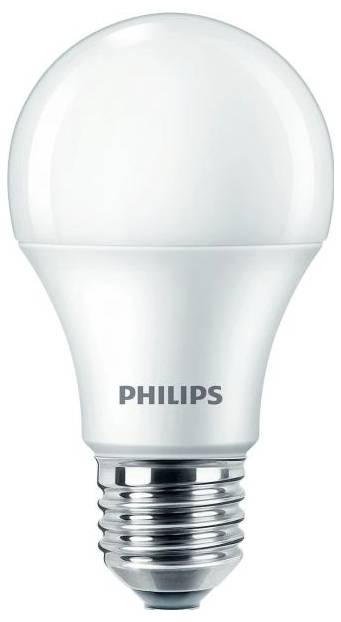 Eine weiße LED-Glühbirne mit der Aufschrift 'Philips', standardisierte Schraubfassung, energiesparend für Haushalt und Büro.