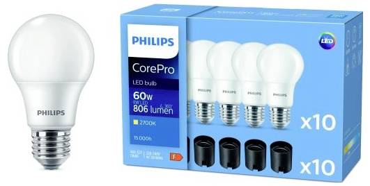 Eine LED-Glühbirne mit Verpackung. Aufschrift 'Philips CorePro LED Bulb, 60W ersetzt 806 Lumen, warmweiß 2700K', 10er Packung.