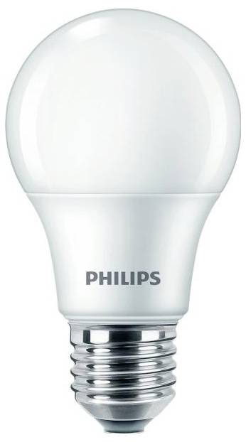 Eine LED-Glühbirne der Marke Philips mit E27-Sockel. Die Birne hat eine matte Oberfläche und ist energiesparend.