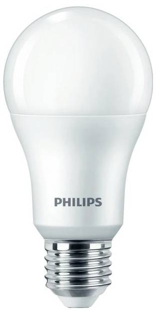 Eine weiße LED-Glühbirne der Marke Philips mit E27-Schraubsockel.