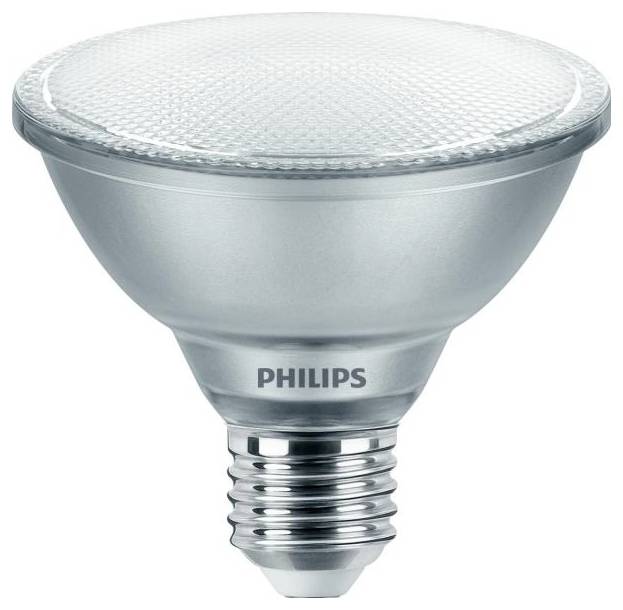 LED-Glühbirne mit E27-Sockel, silberne Fassung, von Philips. Energiesparende Beleuchtungslösung.