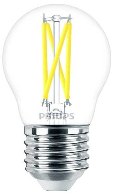 Glühbirne mit sichtbarem Filament und Metallfassung, Markenname in der Mitte.