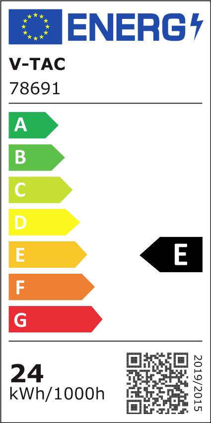 Energielabel zeigt 'E' für Produkt V-TAC 78691, mit einem Verbrauch von 24 kWh/1000h. Pfeil zeigt auf die Stufe E der Skala A-G.