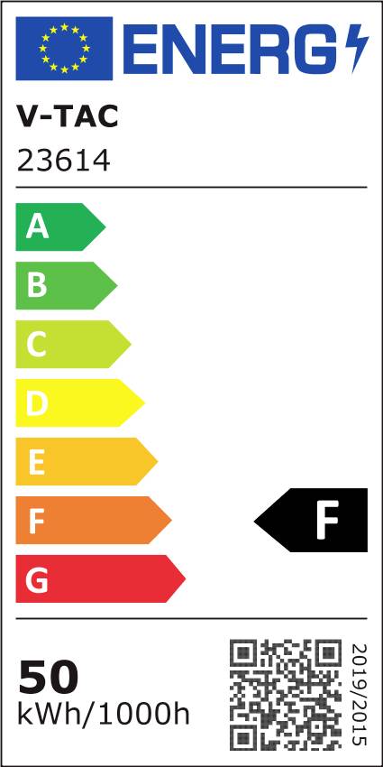 Energieeffizienz-Label für eine V-TAC Lampe, Modell 23614. Effizienzklasse F mit einem Verbrauch von 50 kWh/1000h.