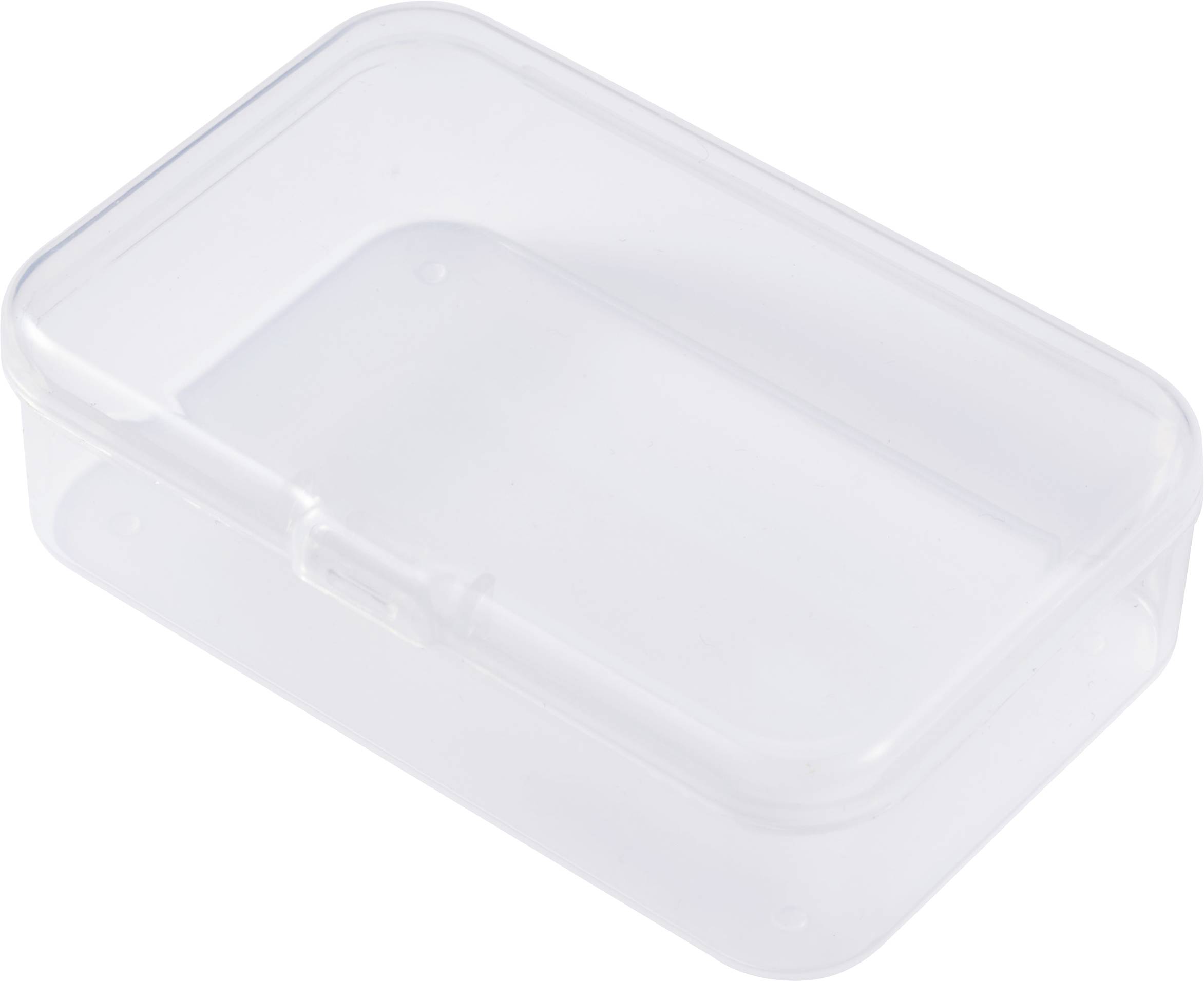 Transparente, rechteckige Plastikbox mit abnehmbarem Deckel, geeignet zur Aufbewahrung kleinerer Gegenstände.