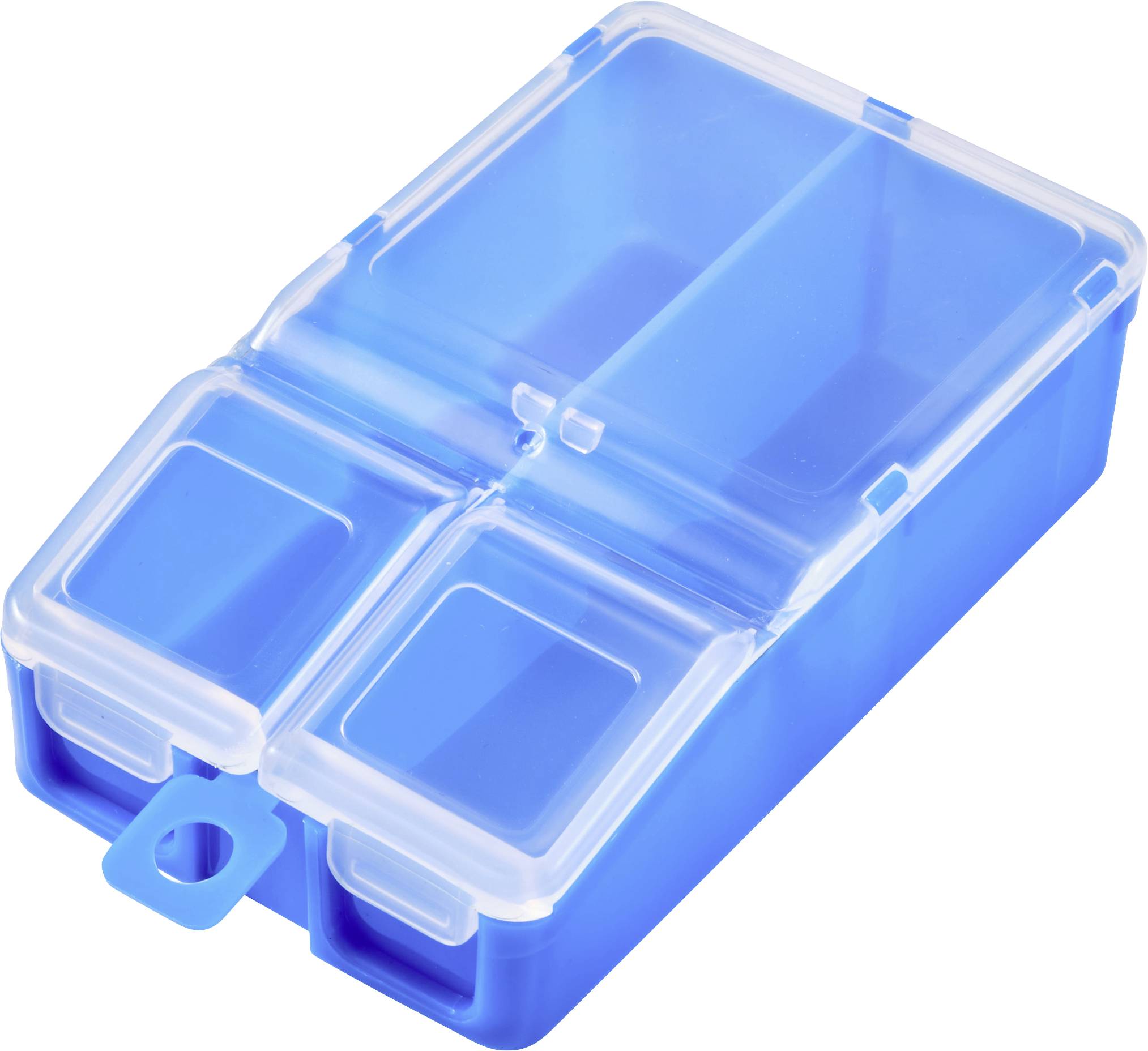 Einblauer Medikamentenorganizer mit vier Fächern, geeignet zur Aufbewahrung von Tabletten für die tägliche Einnahme.