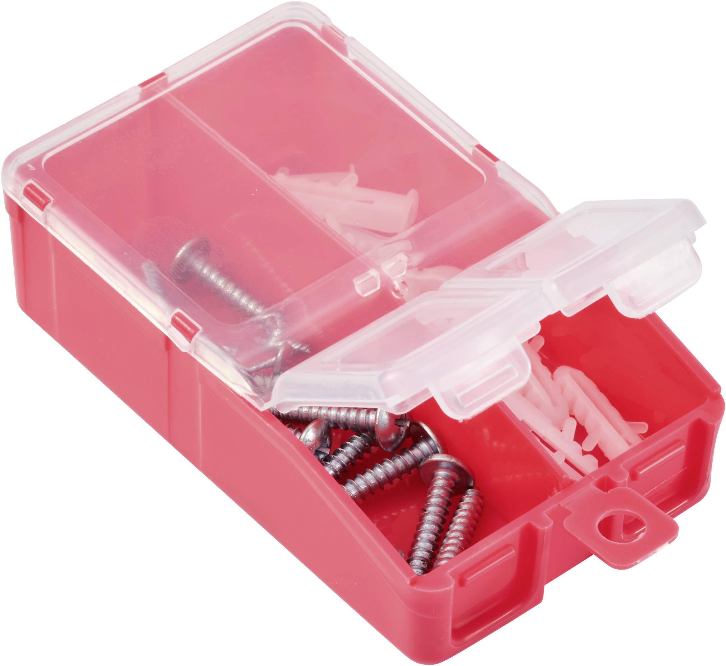 Roter Sortierkasten mit Fächern, gefüllt mit Schrauben und Dübeln.