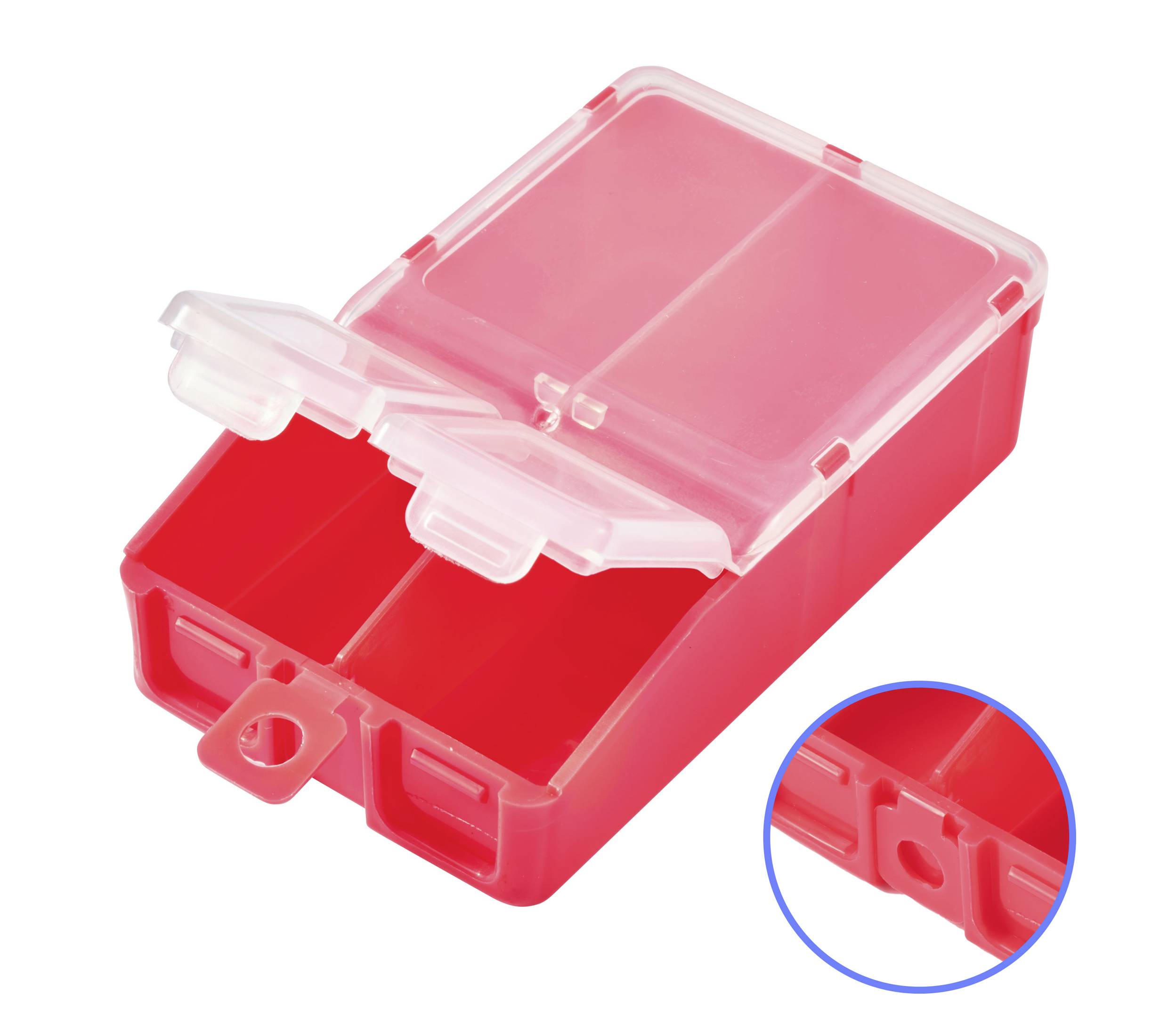 Rote, offene Kunststoffbox mit mehreren Fächern, geeignet zur Aufbewahrung kleiner Gegenstände; Detailansicht eines Fachausschnitts.
