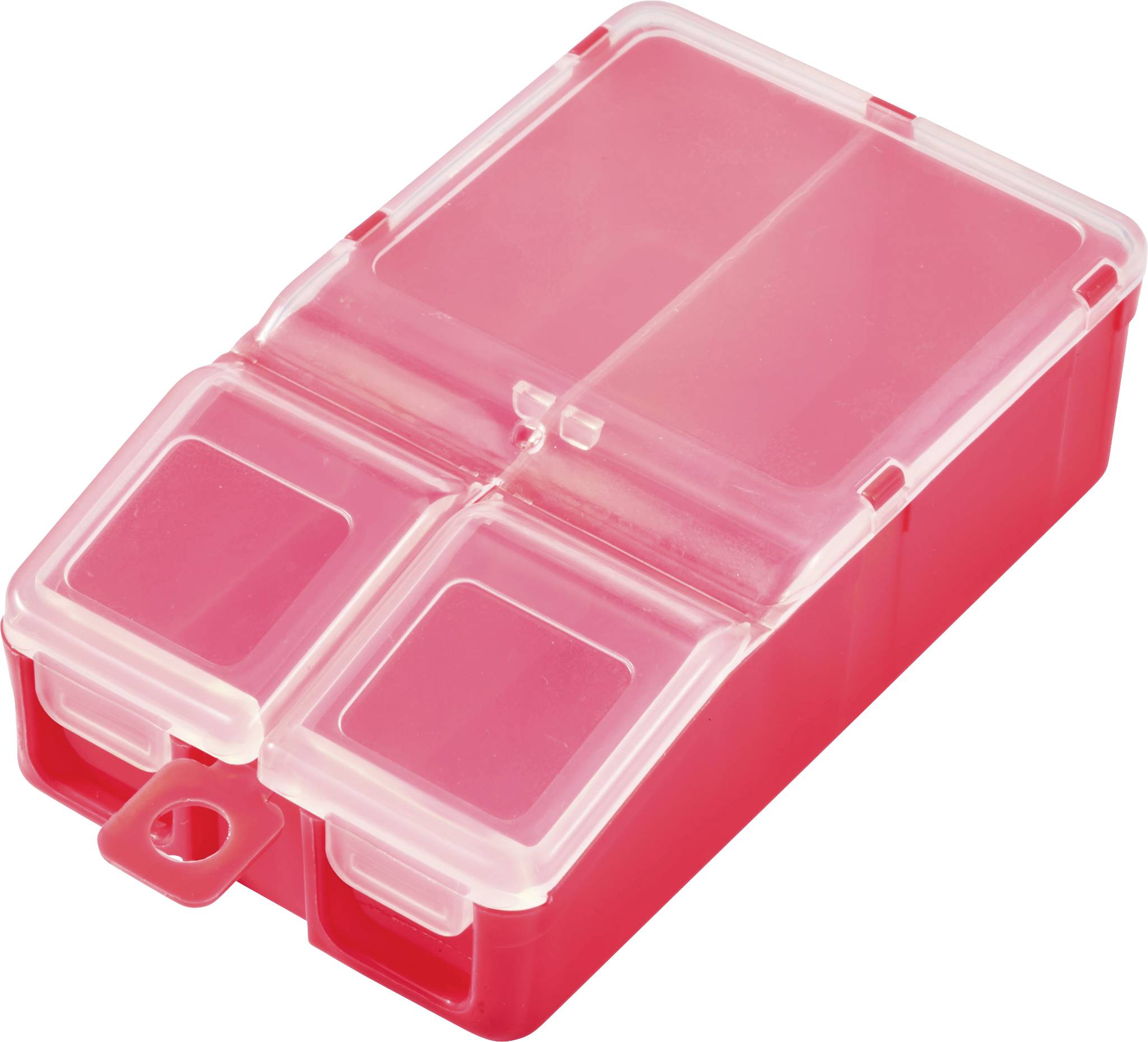 Rote Kunststoffbox mit zwei kleinen und zwei größeren Fächern, durchsichtiger Deckel. Geeignet zur Aufbewahrung kleiner Gegenstände.