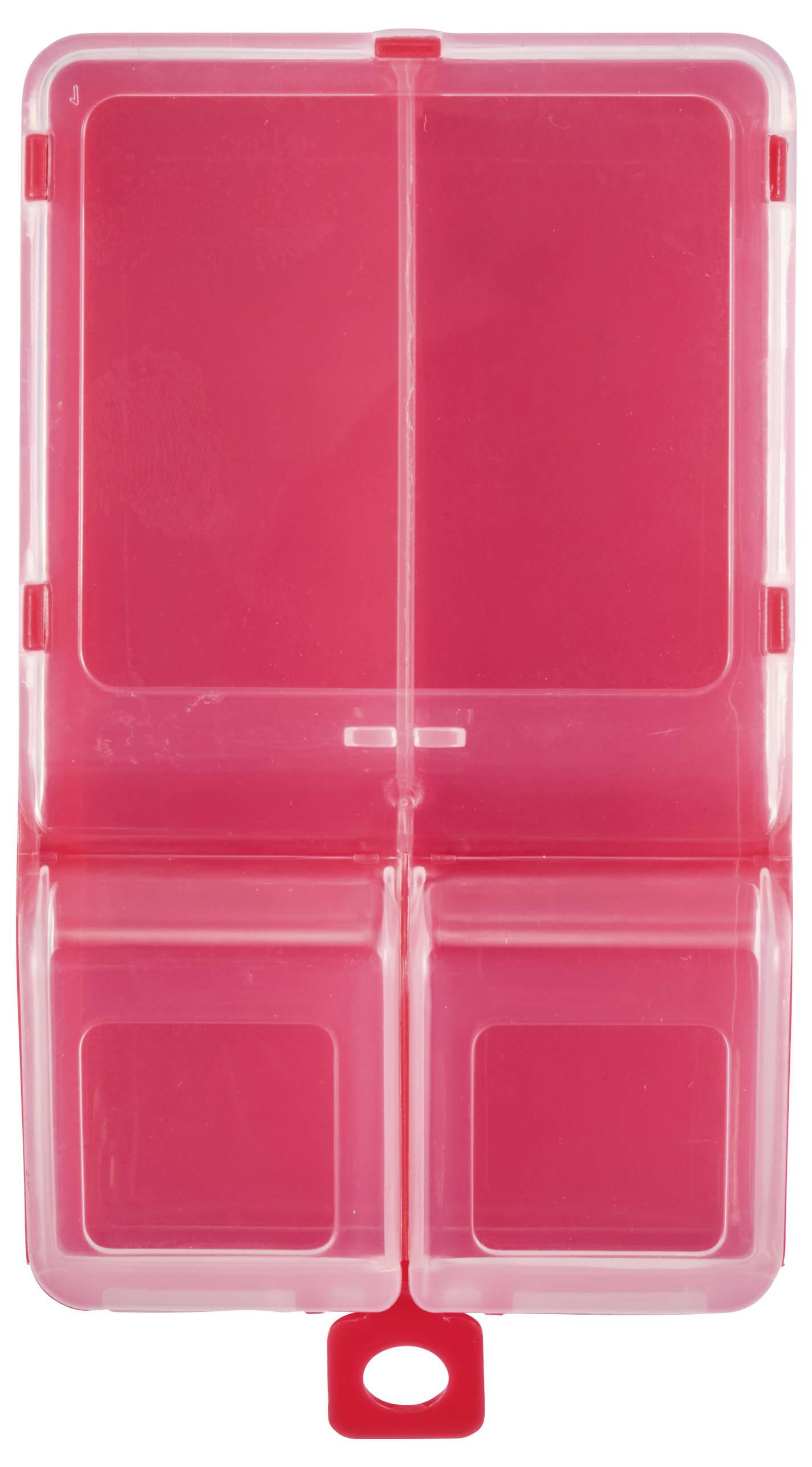 Rosa, rechteckige Kunststoffbox mit einem schmalen Griff am unteren Rand. Die Box hat zwei große Fächer und zwei kleinere Fächer.