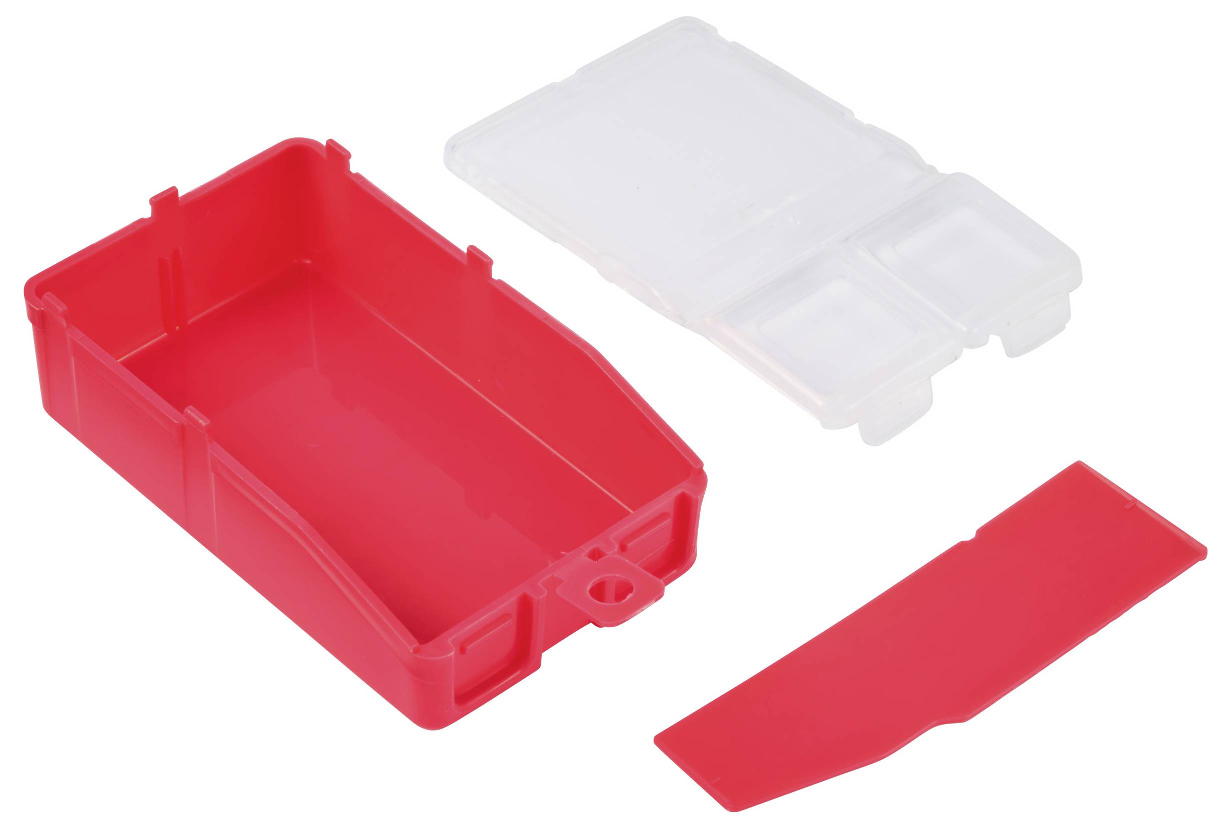 Rote Kunststoffbox mit abnehmbarer, durchsichtiger Abdeckung und rotem Einsatz, geeignet zur Aufbewahrung kleinerer Gegenstände.