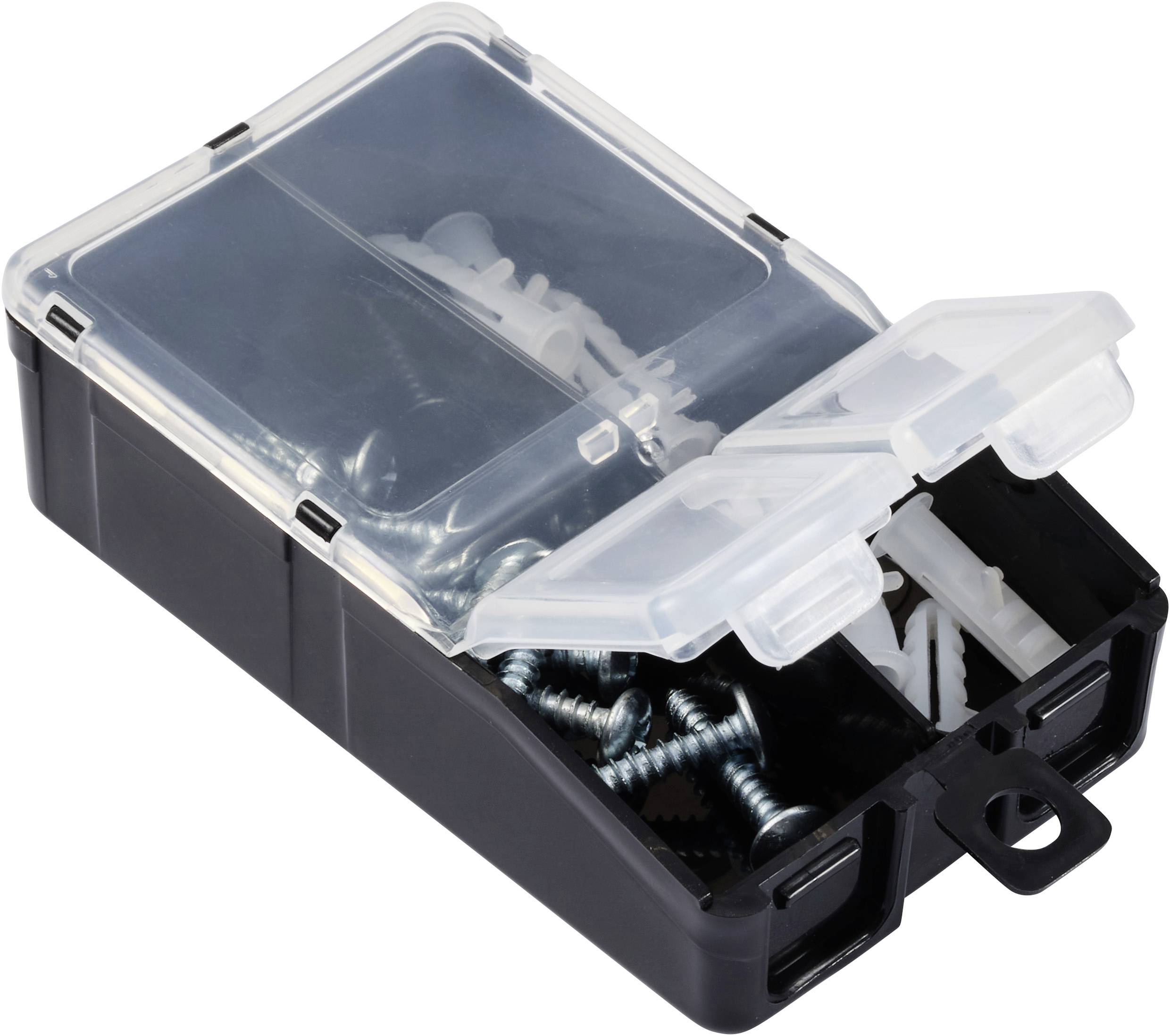 Eine geöffnete schwarze Kunststoffbox mit verschiedenen Schrauben und Dübeln; die Box besteht aus mehreren Fächern.