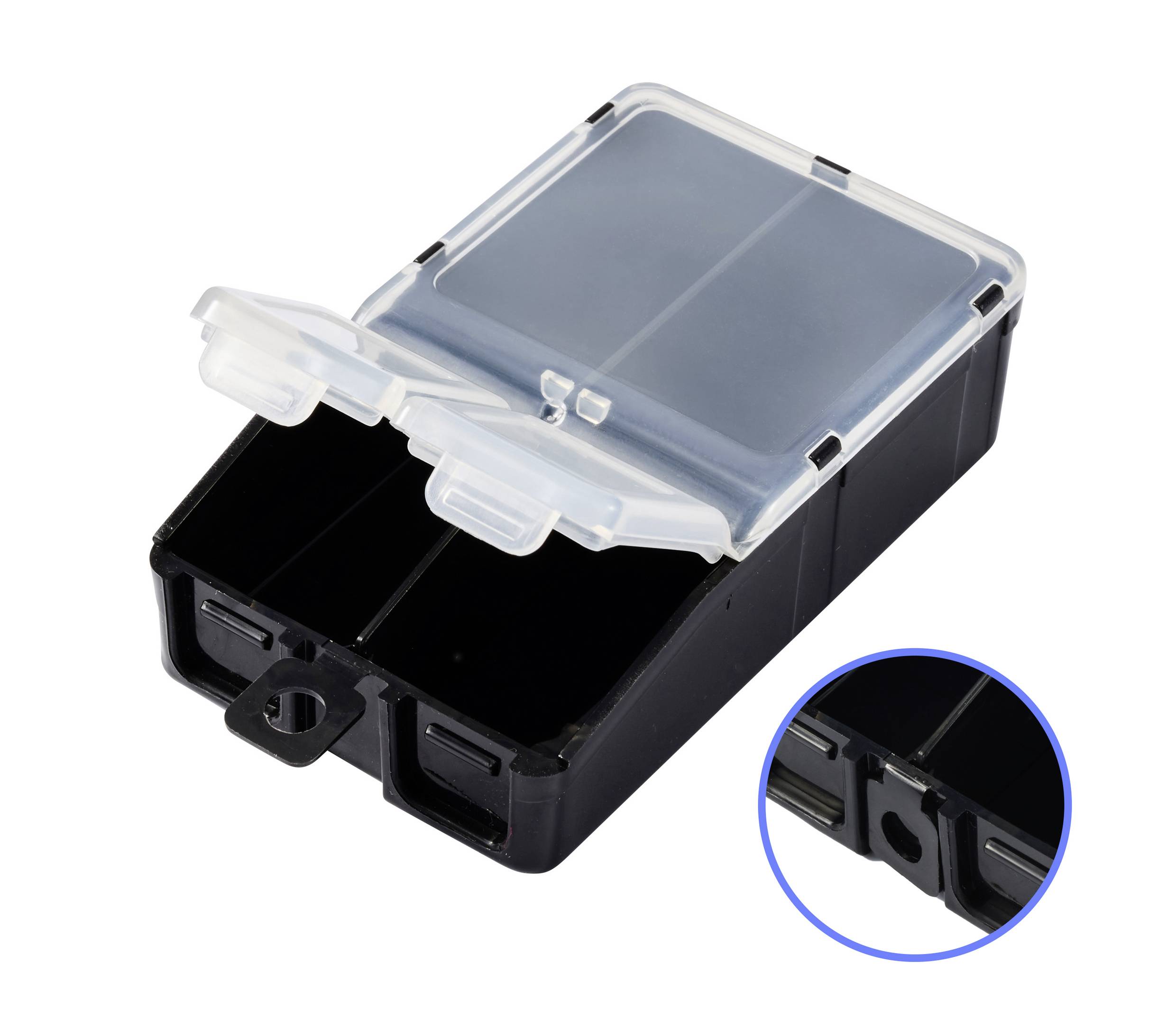 Eine schwarze, rechteckige Aufbewahrungsbox mit transparentem Deckel, geöffnet, zeigt zwei Fächer innen.